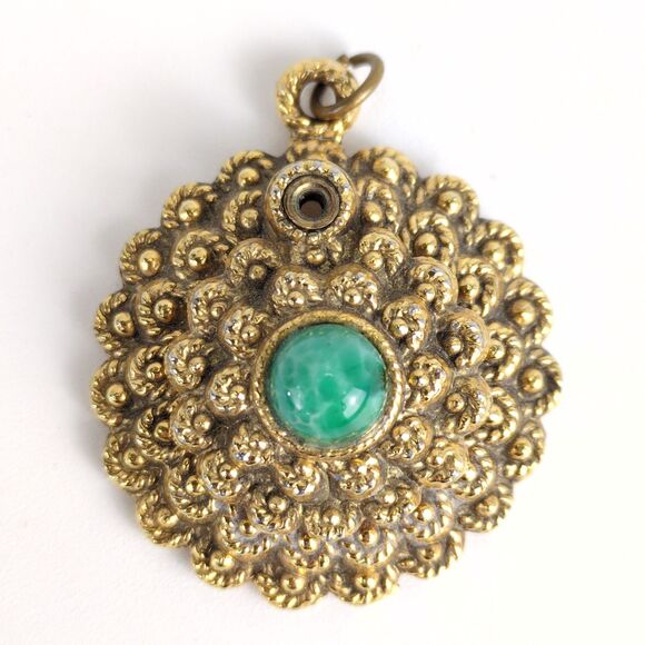 Antique Carved Goldtone & Jade Green Marble 1.5" Balm Locket Pendant French - Picture 1 of 5